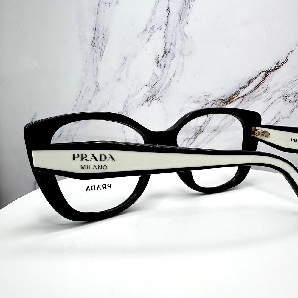 New PRADA Eyeglasses Cat Eye Black White Gold 53-17-140 Womens - Picture 14 of 16